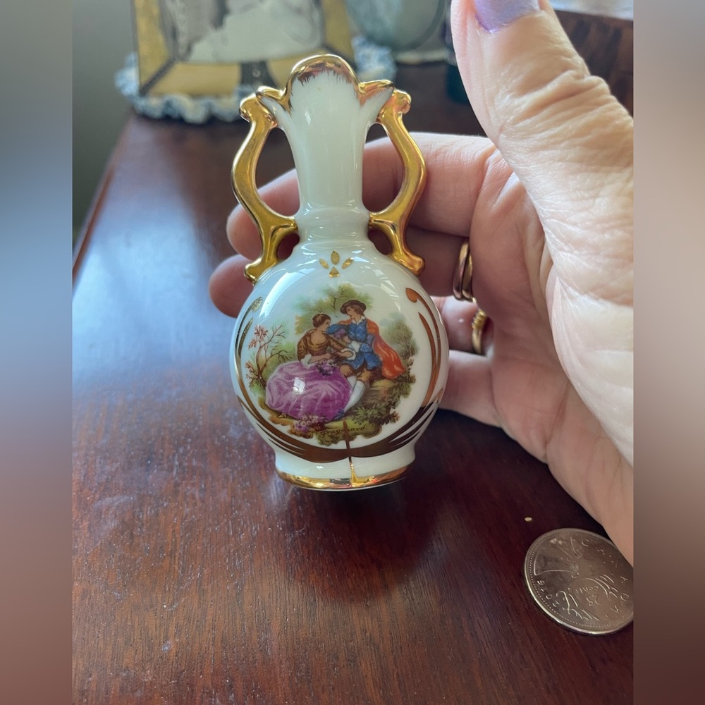 Limoges France Vintage Miniature Gold trimmed Porcelain Vase with Gold Handles